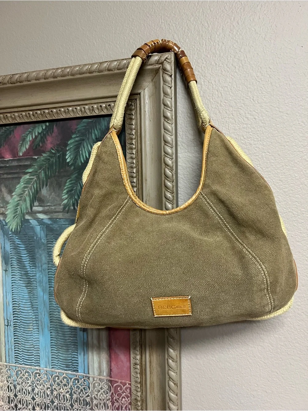 BCBGirls Olive Canvas Hobo with Tan Leather Trim